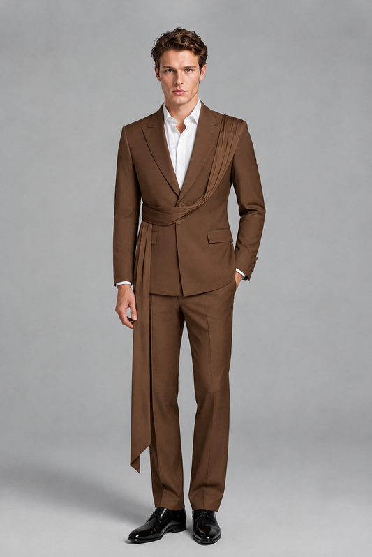 Men's Brown Draped Sash Suit – Peak Lapel 2-Piece Slim Fit Party, Gala & Wedding Set - Brown