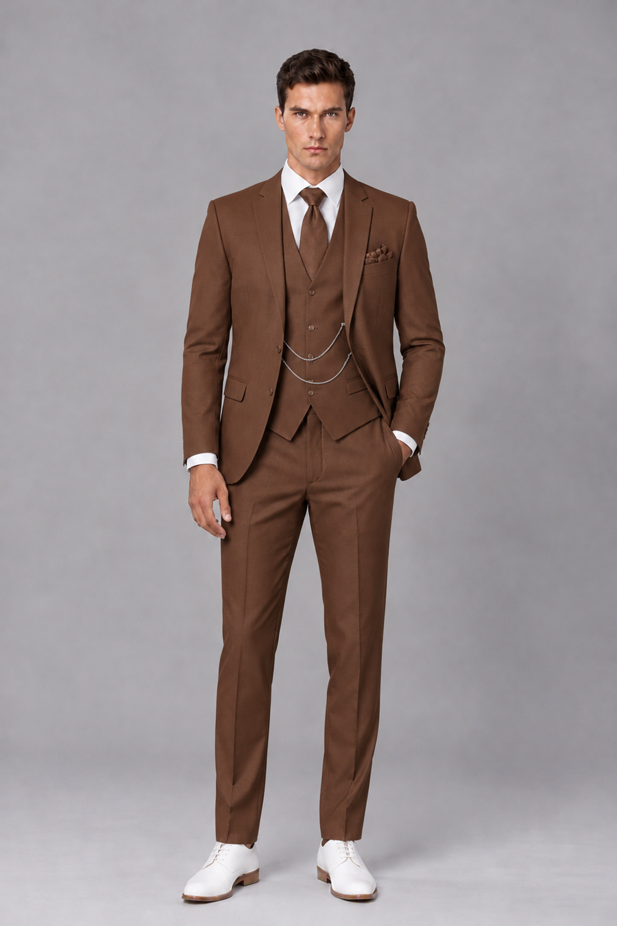 Savile Brown 3-Piece Suit with Notch Lapel & Chain Vest - Brown