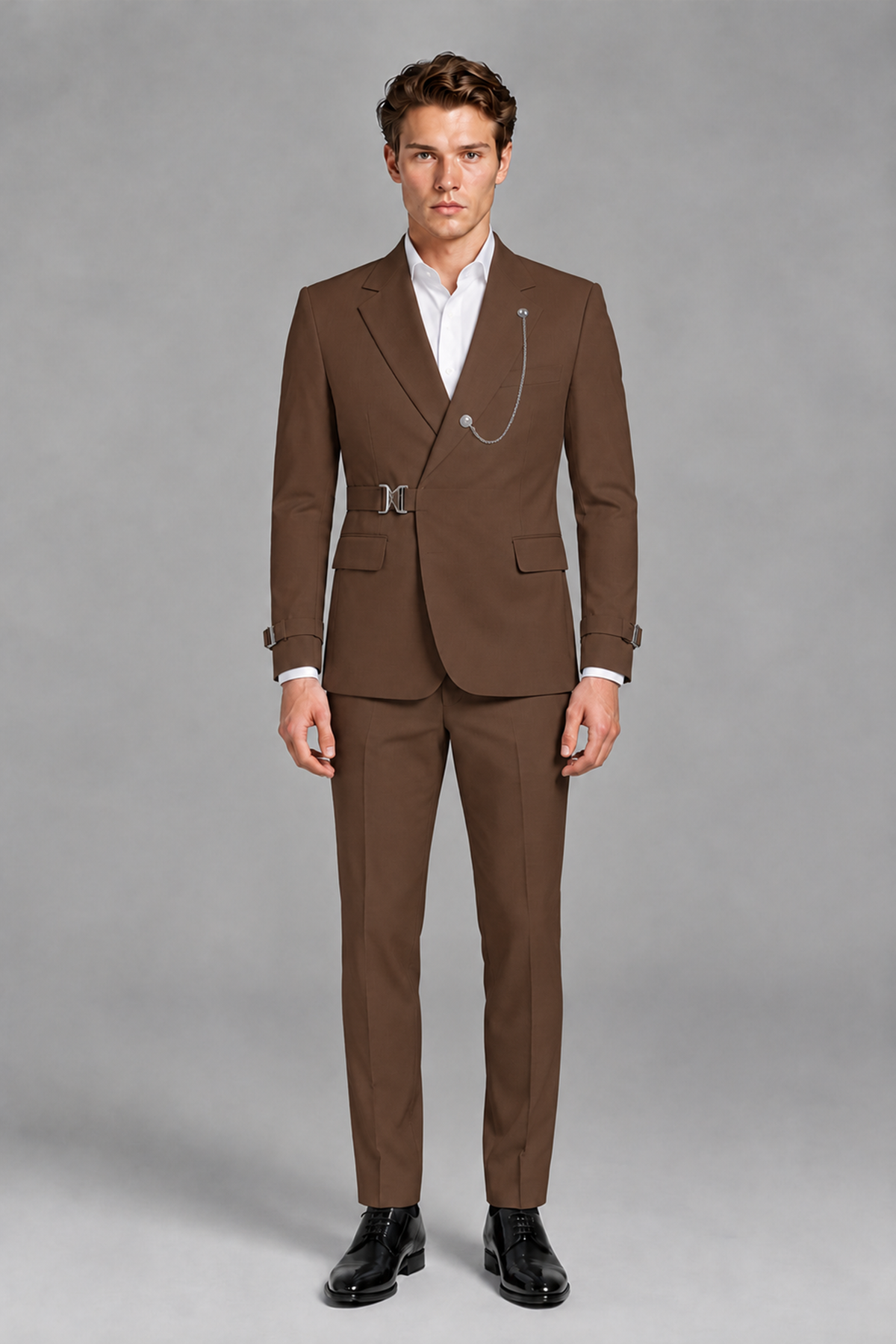 Savile Men's Brown Buckle-Closure 2-Piece Suit Set | Peak Lapel Blazer & Trousers - Brown