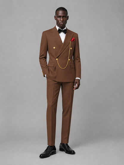 Men's Brown Double-Breasted 2-Piece Suit Set – Jacket & Trousers | Brown Chain - Brown