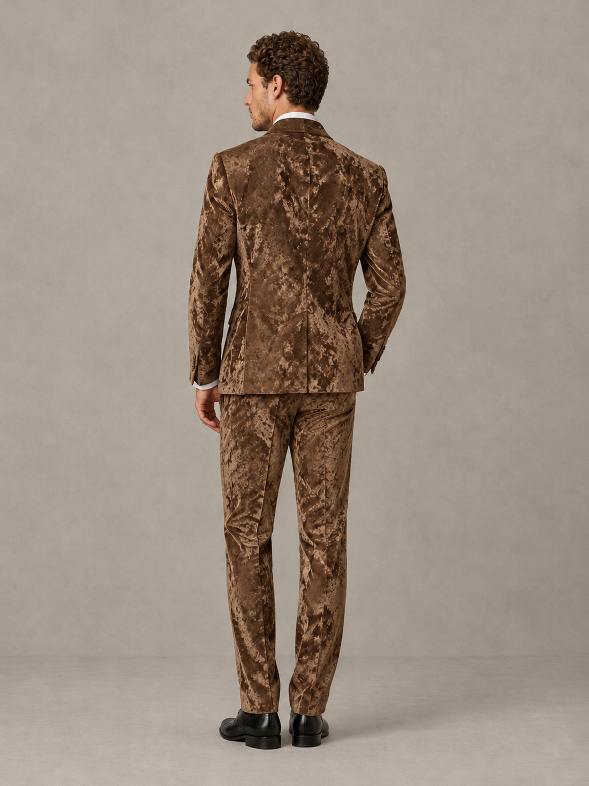 Savile Men's Brown Crushed Velvet Peak Lapel 2-Piece Suit Set | Jacket & Trousers - Brown - Brown (2)