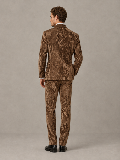 Savile Men's Brown Crushed Velvet Peak Lapel 2-Piece Suit Set | Jacket & Trousers - Brown - Brown (2)