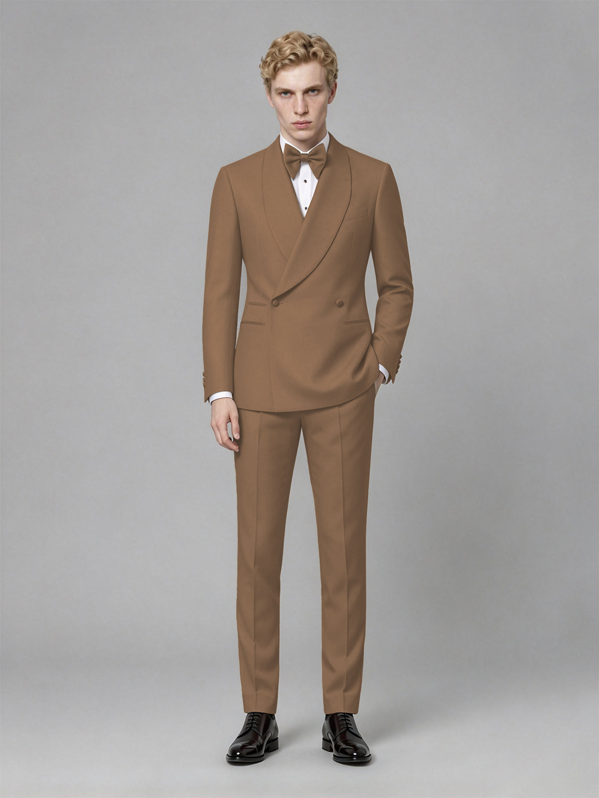 Men's Brown Single-Button Brown Satin Shawl Lapel Tuxedo Suit Set | Blazer & Trousers - Brown