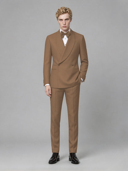Men's Brown Single-Button Brown Satin Shawl Lapel Tuxedo Suit Set | Blazer & Trousers - Brown