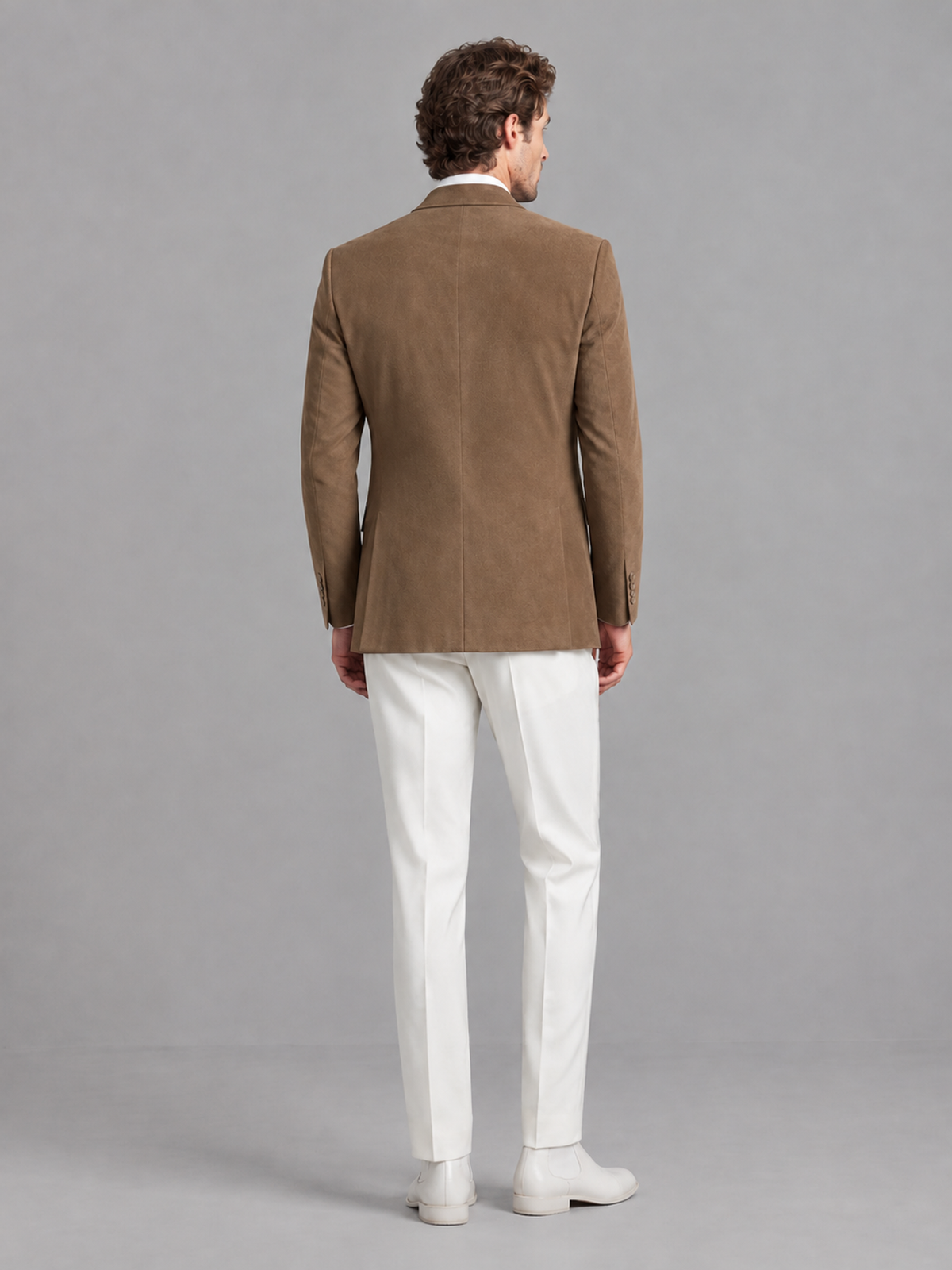 Savile Men's Brown Velvet Shawl Lapel 2-Piece Tuxedo Suit Set | Jacket & White Trousers - Brown - Brown (2)