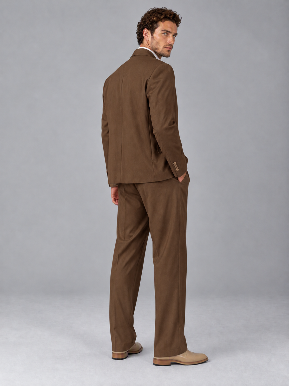 Savile Brown Beige Double-Breasted 2-Piece Suit with Peak Lapel - Brown