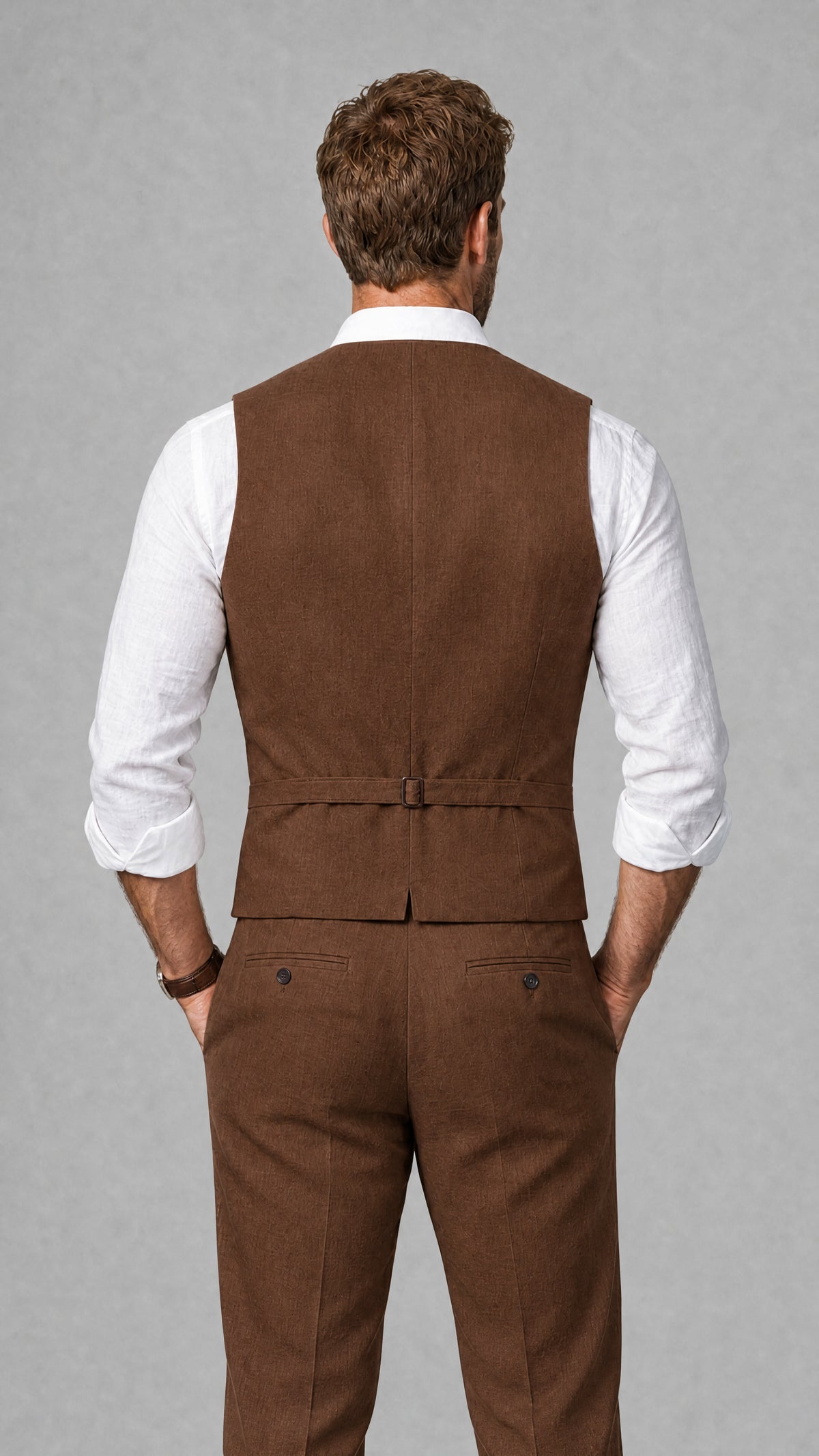 Men's Brown Linen Blend Single-Breasted V-Neck Suit Vest | Savile QX0101 - Brown