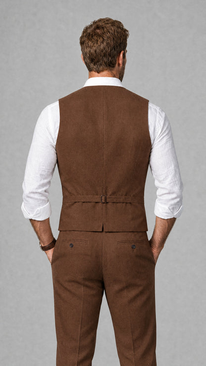 Men's Brown Linen Blend Single-Breasted V-Neck Suit Vest | Savile QX0101 - Brown