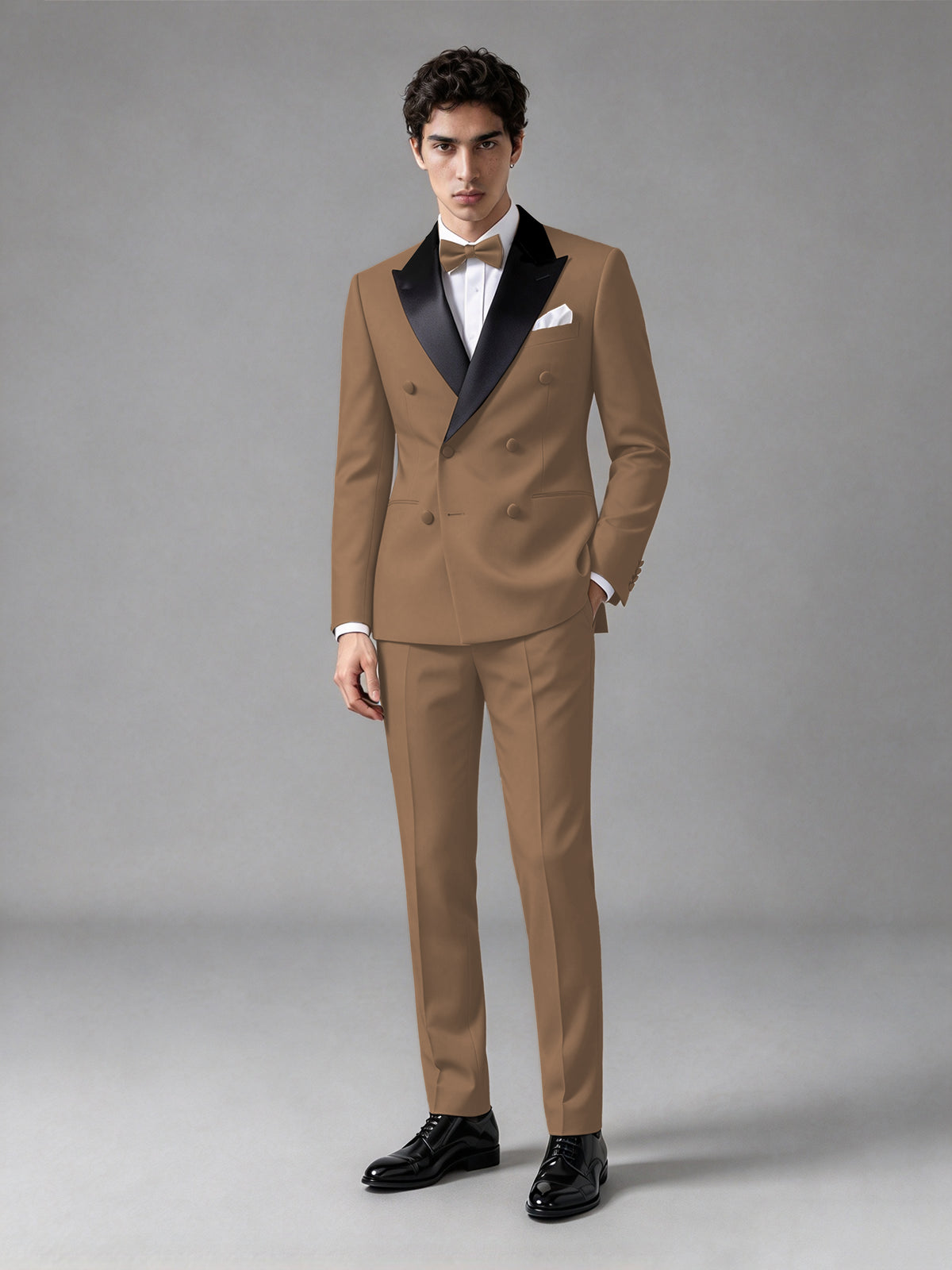 Men's Brown Double-Breasted Satin Peak Lapel Tuxedo Suit Set (Jacket + Trousers) - Brown
