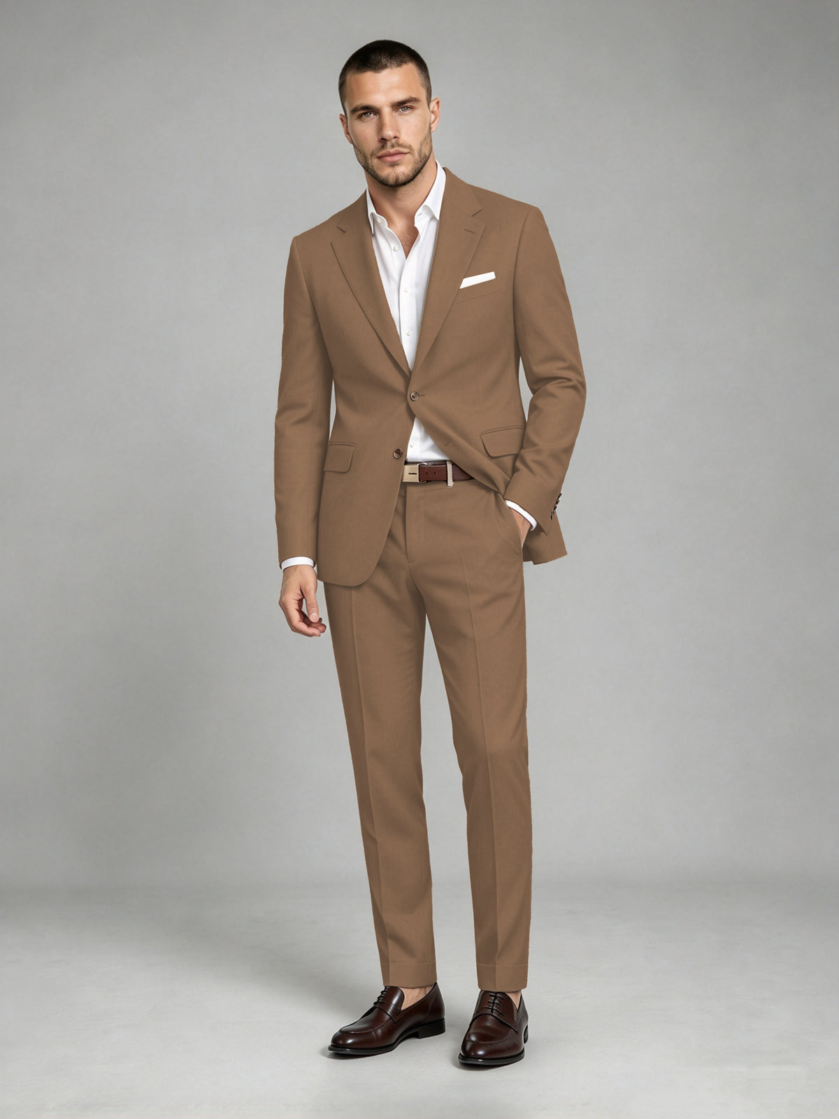 Savile Men's Dark Brown Wool-Blend 2-Piece Suit Set – Two-Button Notch Lapel Slim-Fit Blazer & Turn-Up Trousers - Brown - Brown