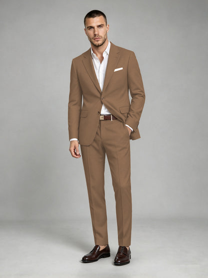 Savile Men's Dark Brown Wool-Blend 2-Piece Suit Set – Two-Button Notch Lapel Slim-Fit Blazer & Turn-Up Trousers - Brown - Brown