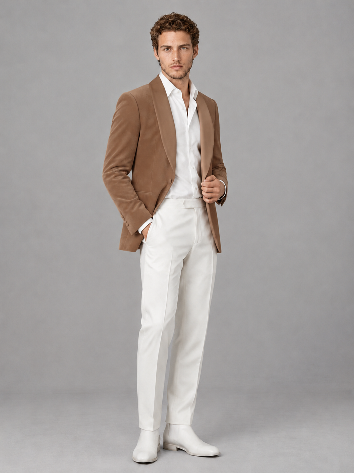 Savile Men's Brown Velvet Shawl Lapel 2-Piece Tuxedo Suit Set | Jacket & White Trousers - Brown - Brown (3)