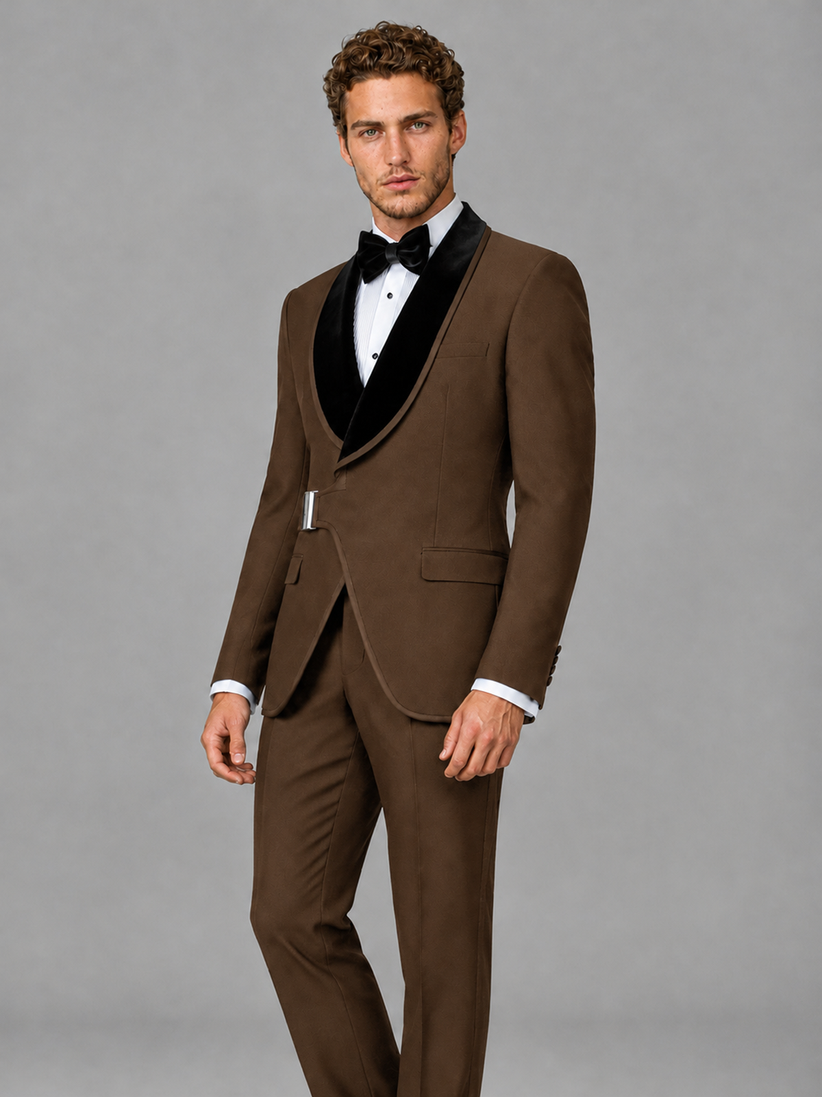 Savile Men's Brown Velvet Shawl Lapel Tuxedo Suit – Modern Side-Buckle Dinner Jacket & Trousers 2-Piece Set - Brown