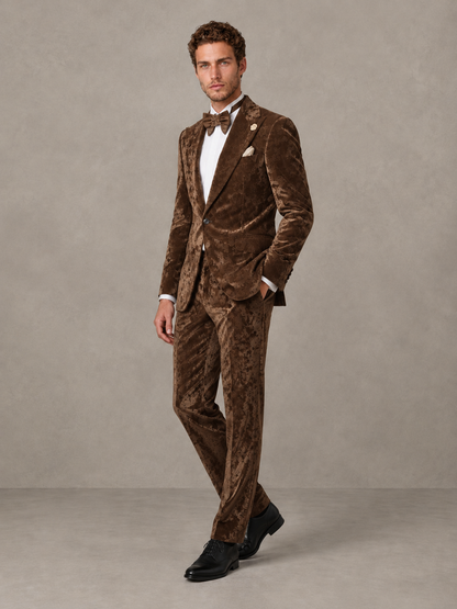 Savile Men's Brown Crushed Velvet Peak Lapel 2-Piece Suit Set | Jacket & Trousers - Brown - Brown (3)