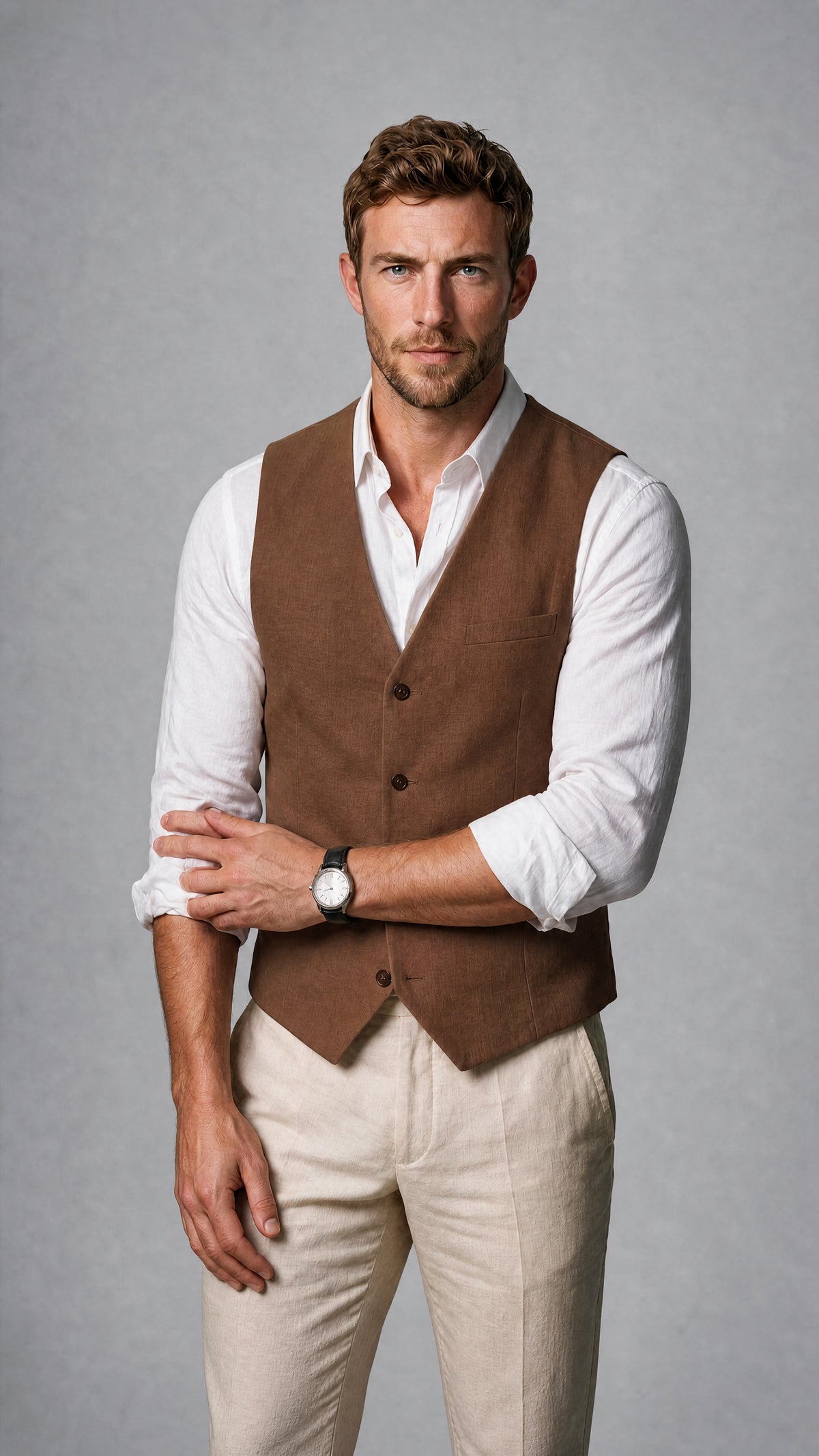 Men's Brown Linen Blend Single-Breasted V-Neck Suit Vest | Savile QX0101 - Brown
