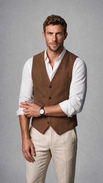 Men's Brown Linen Blend Single-Breasted V-Neck Suit Vest | Savile QX0101 - Brown