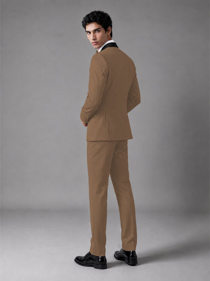 Men's Brown Double-Breasted Satin Peak Lapel Tuxedo Suit Set (Jacket + Trousers) - Brown