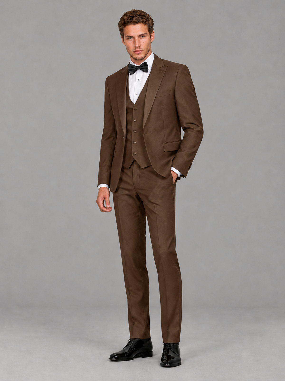 Savile Men's Brown Peak Lapel 3-Piece Tuxedo Suit | Jacket, Vest & Trousers - Brown