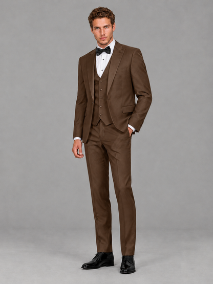 Savile Men's Brown Peak Lapel 3-Piece Tuxedo Suit | Jacket, Vest & Trousers - Brown