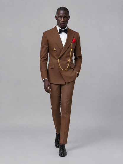 Men's Brown Double-Breasted 2-Piece Suit Set – Jacket & Trousers | Brown Chain - Brown