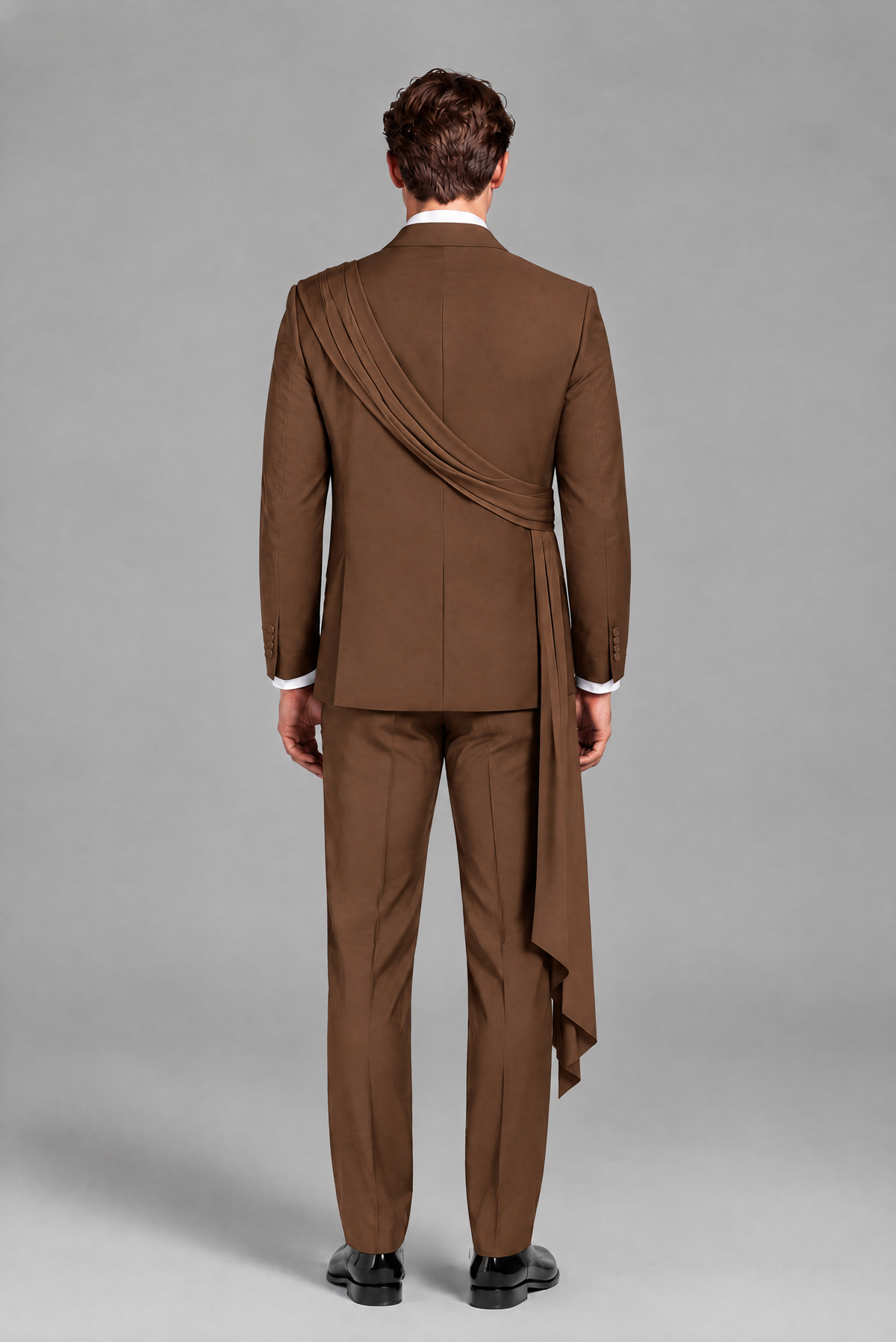 Men's Brown Draped Sash Suit – Peak Lapel 2-Piece Slim Fit Party, Gala & Wedding Set - Brown