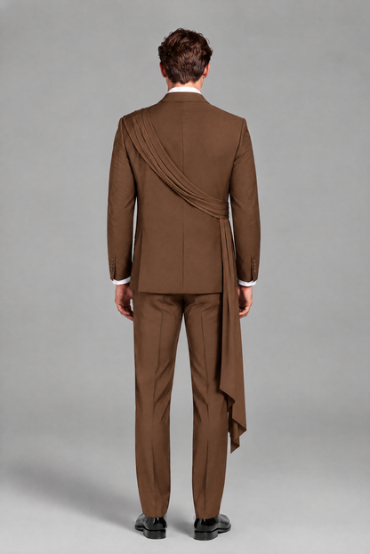 Men's Brown Draped Sash Suit – Peak Lapel 2-Piece Slim Fit Party, Gala & Wedding Set - Brown