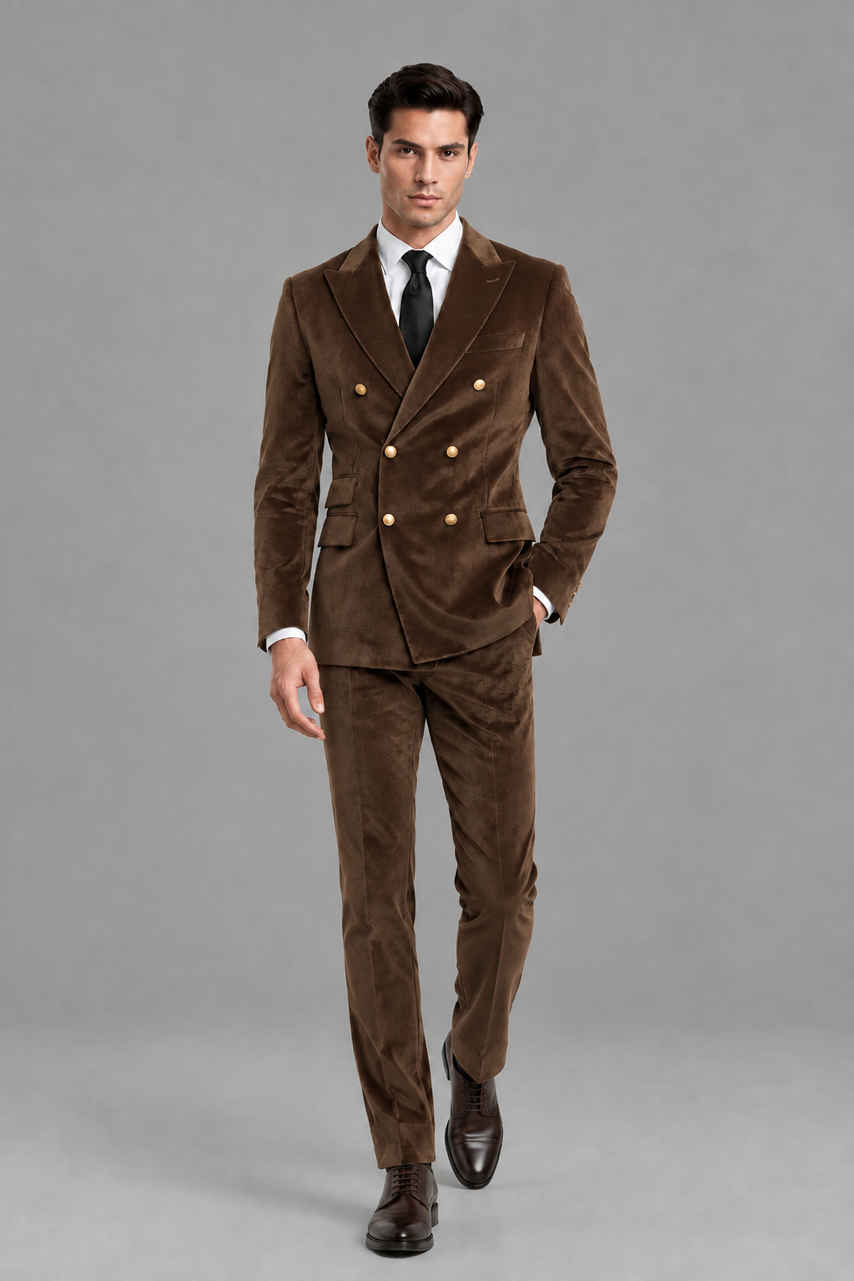 Savile Men's Brown Velvet Double-Breasted 2-Piece Suit Set | Peak Lapel Blazer & Trousers - Brown