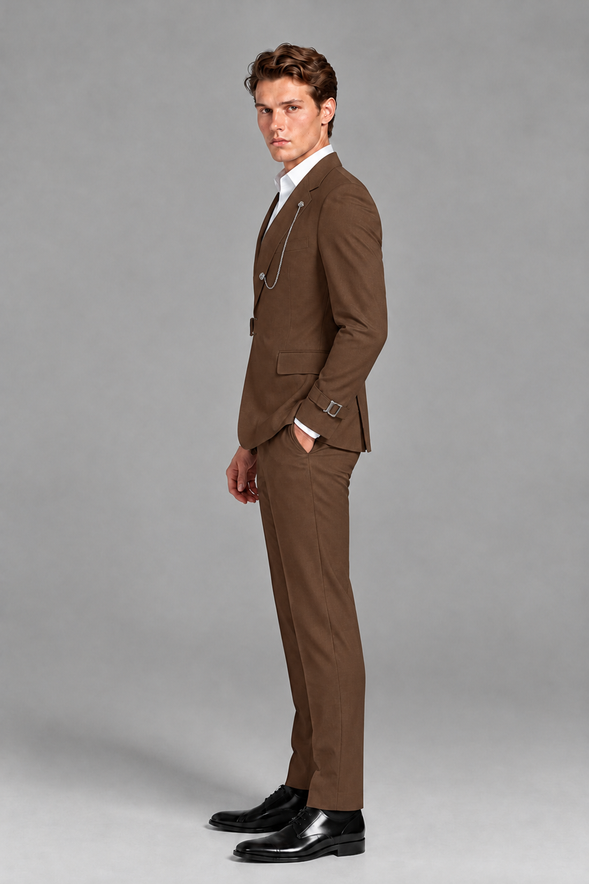 Savile Men's Brown Buckle-Closure 2-Piece Suit Set | Peak Lapel Blazer & Trousers - Brown