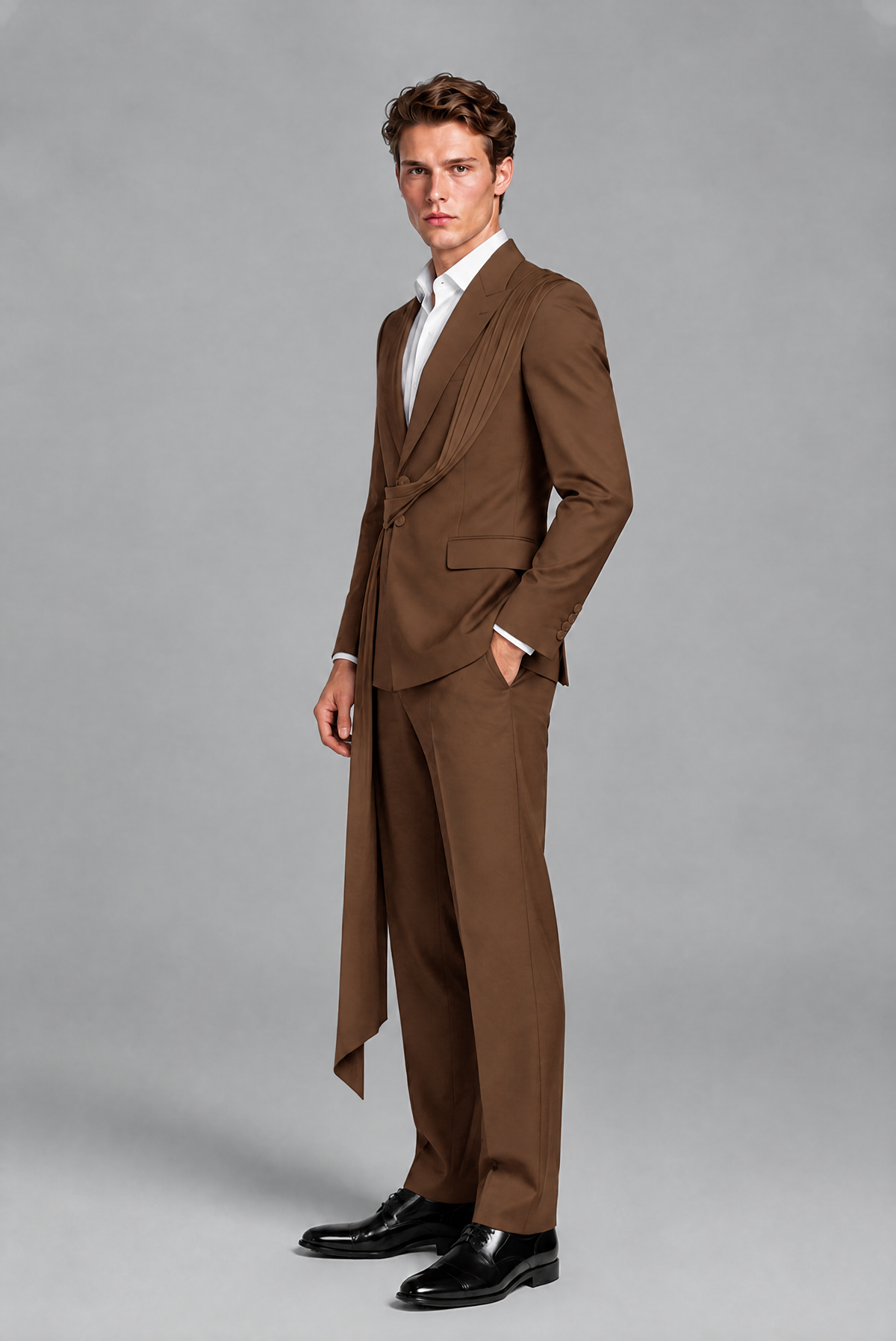 Men's Brown Draped Sash Suit – Peak Lapel 2-Piece Slim Fit Party, Gala & Wedding Set - Brown