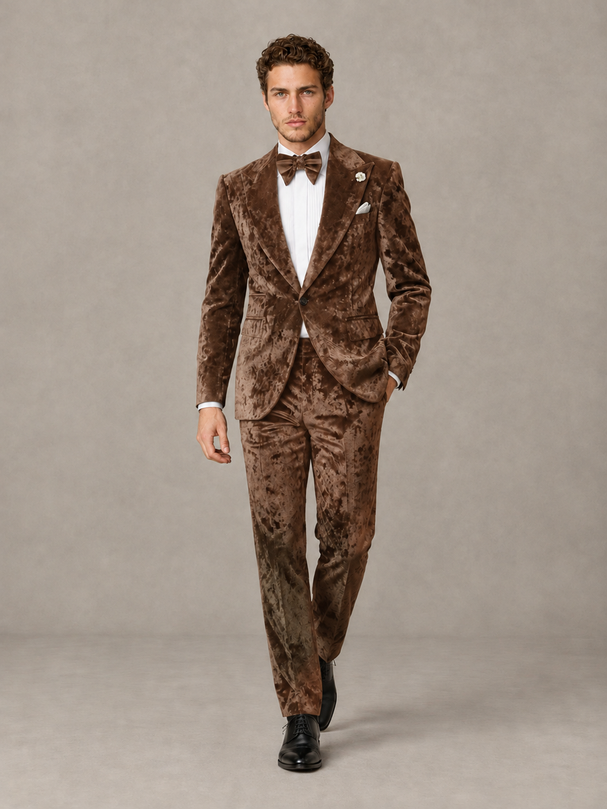 Savile Men's Brown Crushed Velvet Peak Lapel 2-Piece Suit Set | Jacket & Trousers - Brown - Brown (4)