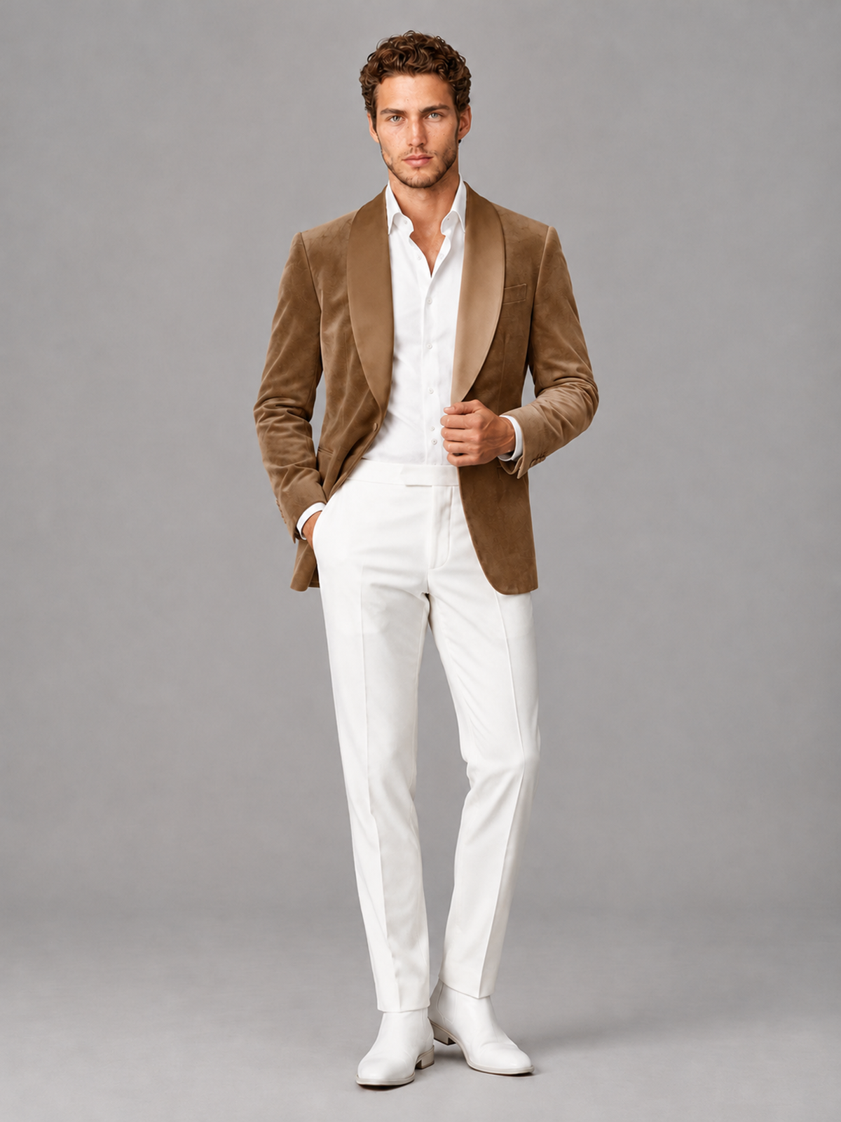 Savile Men's Brown Velvet Shawl Lapel 2-Piece Tuxedo Suit Set | Jacket & White Trousers - Brown - Brown (4)