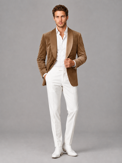 Savile Men's Brown Velvet Shawl Lapel 2-Piece Tuxedo Suit Set | Jacket & White Trousers - Brown - Brown (4)