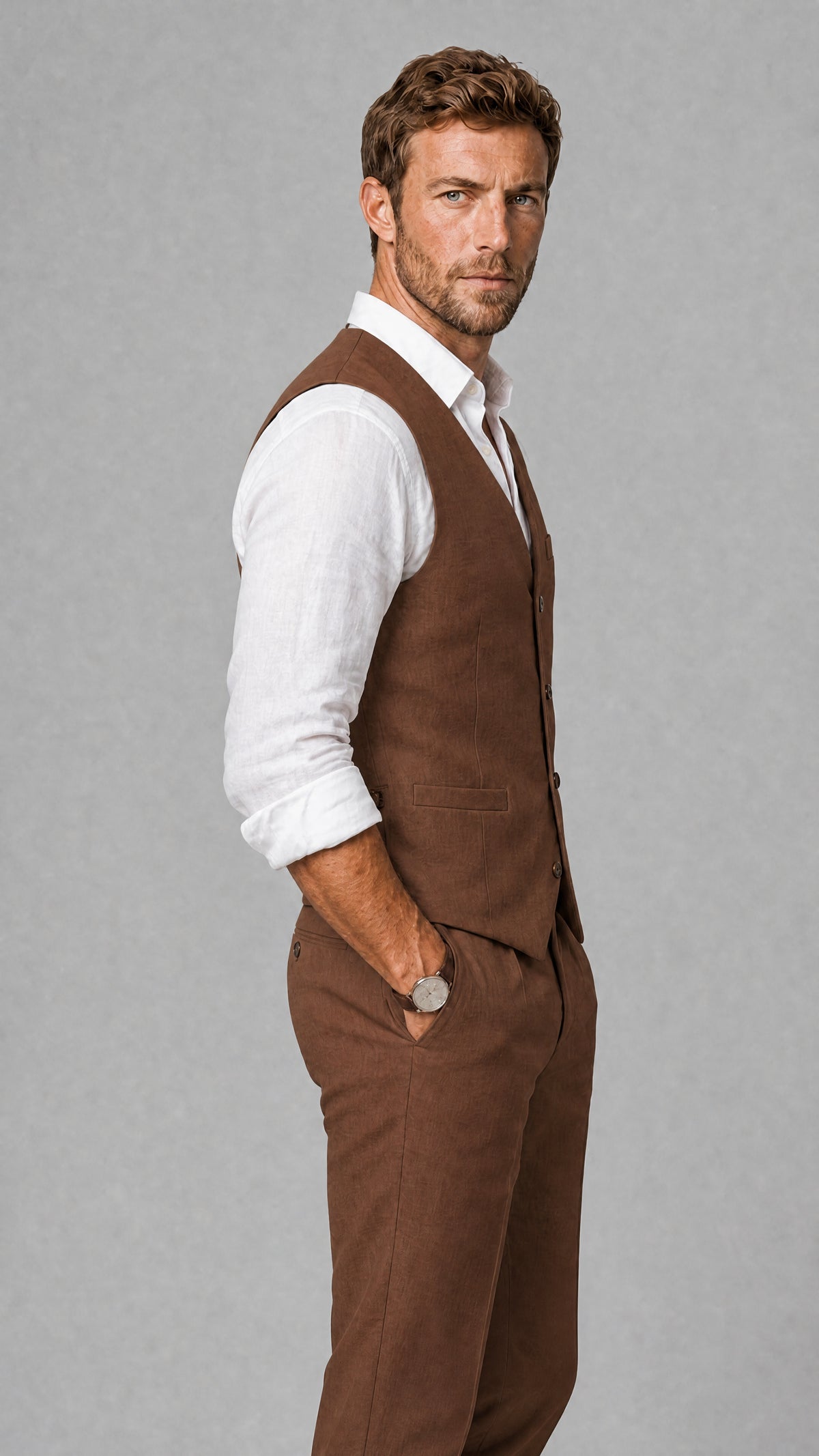 Men's Brown Linen Blend Single-Breasted V-Neck Suit Vest | Savile QX0101 - Brown