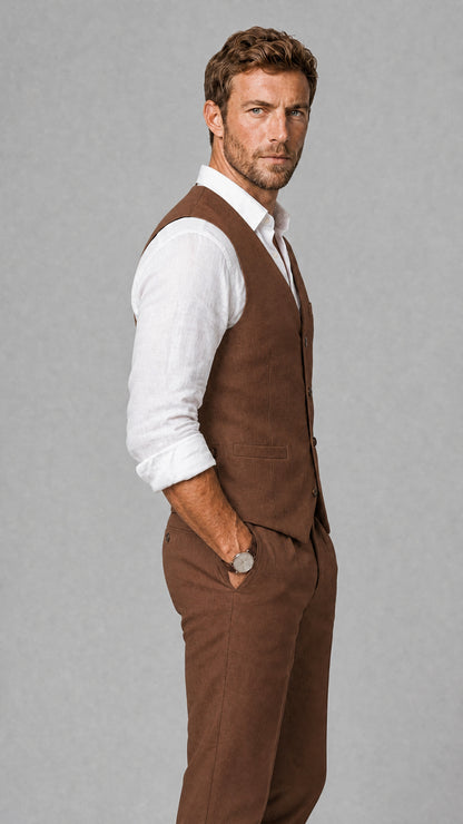 Men's Brown Linen Blend Single-Breasted V-Neck Suit Vest | Savile QX0101 - Brown