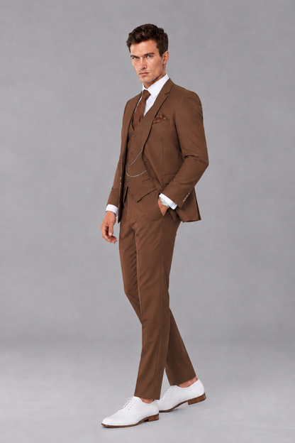 Savile Brown 3-Piece Suit with Notch Lapel & Chain Vest - Brown