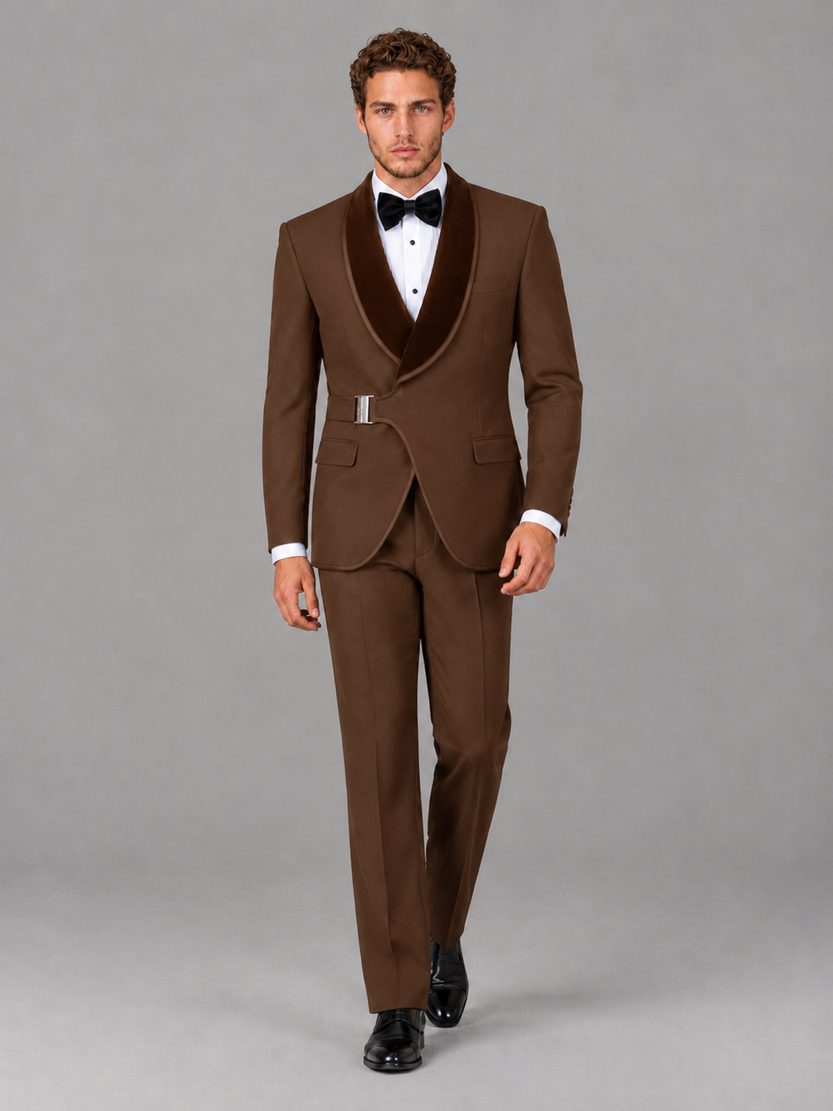 Savile Men's Brown Velvet Shawl Lapel Tuxedo Suit – Modern Side-Buckle Dinner Jacket & Trousers 2-Piece Set - Brown