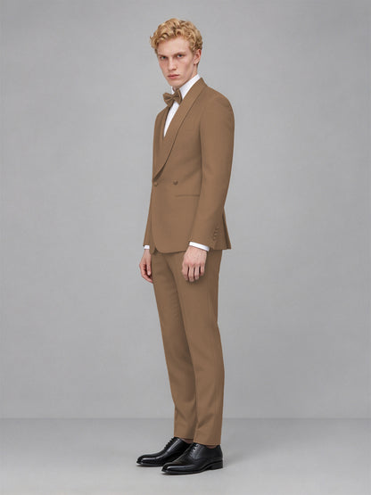 Men's Brown Single-Button Brown Satin Shawl Lapel Tuxedo Suit Set | Blazer & Trousers - Brown