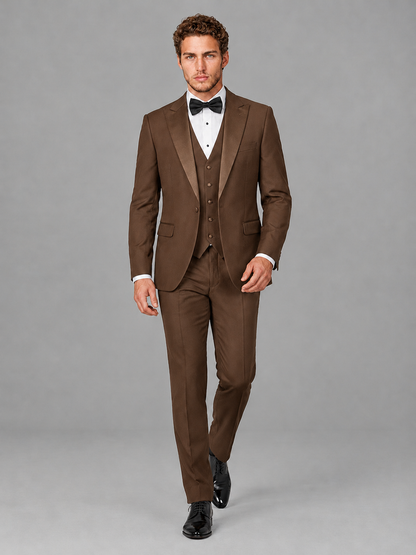Savile Men's Brown Peak Lapel 3-Piece Tuxedo Suit | Jacket, Vest & Trousers - Brown