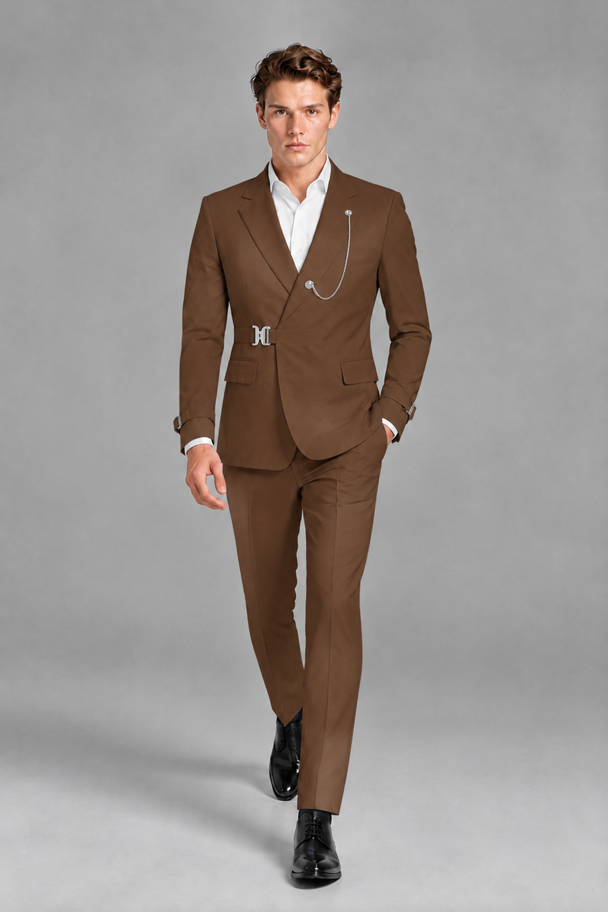 Savile Men's Brown Buckle-Closure 2-Piece Suit Set | Peak Lapel Blazer & Trousers - Brown