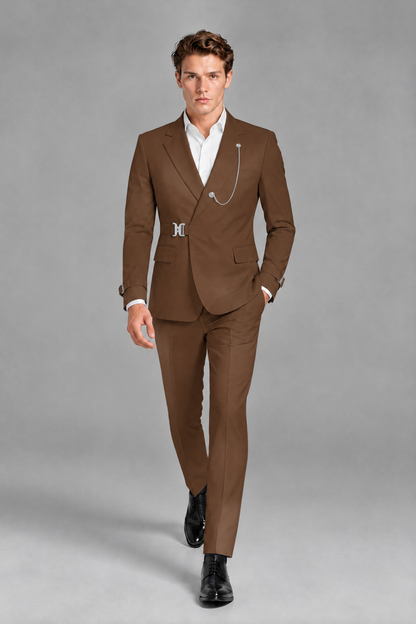 Savile Men's Brown Buckle-Closure 2-Piece Suit Set | Peak Lapel Blazer & Trousers - Brown