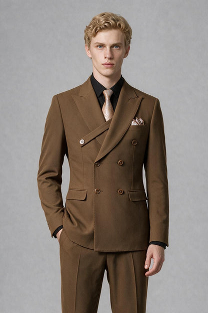 Front full-length view of Savile brown double-breasted two-piece suit