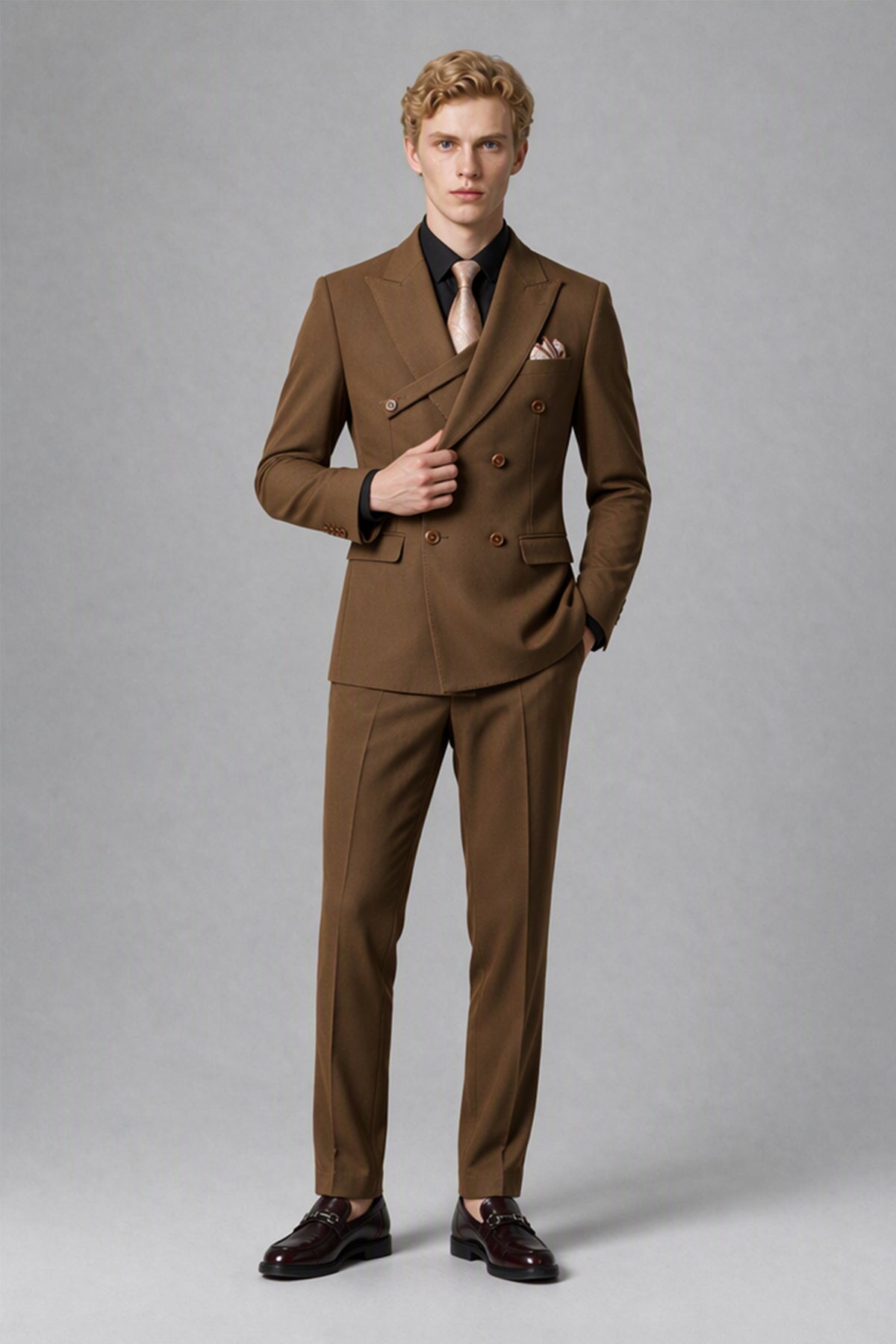 Close front view of brown double-breasted jacket and lapels