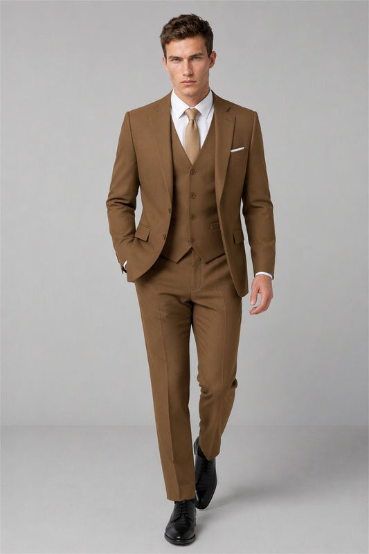 Men's Brown 3-Piece Slim Fit Suit - Walking Full Length | Savile AA0002