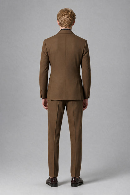 Styled front full-length view of brown jacket and matching trousers