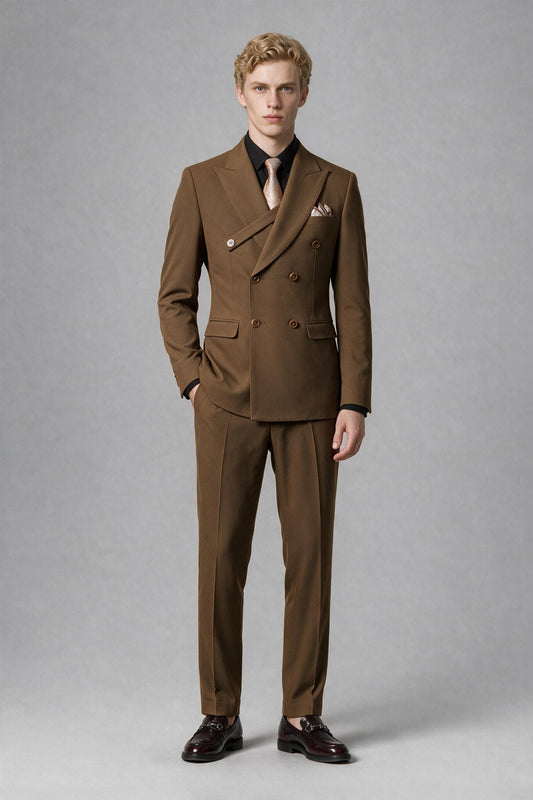 Back view of brown suit jacket and matching trousers
