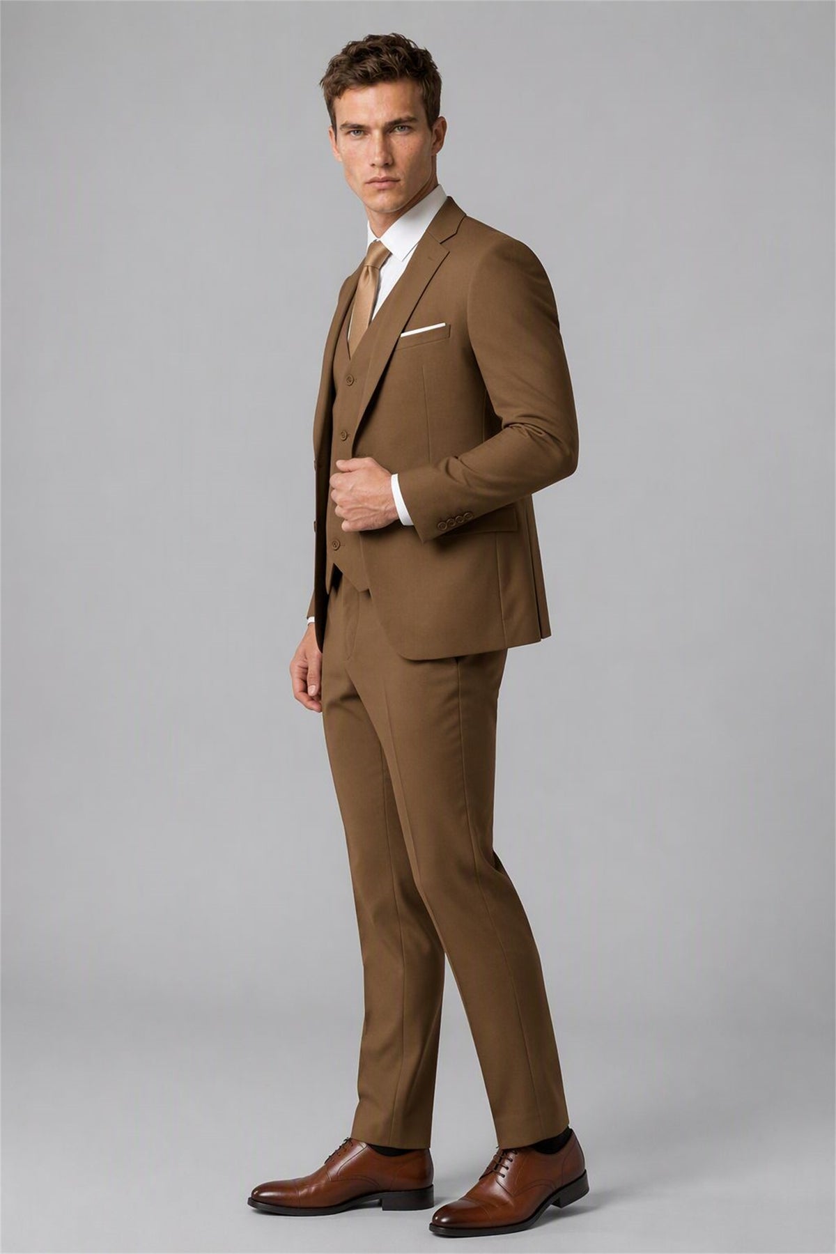 Men's Brown 3-Piece Slim Fit Suit - Front Full Length | Savile AA0002