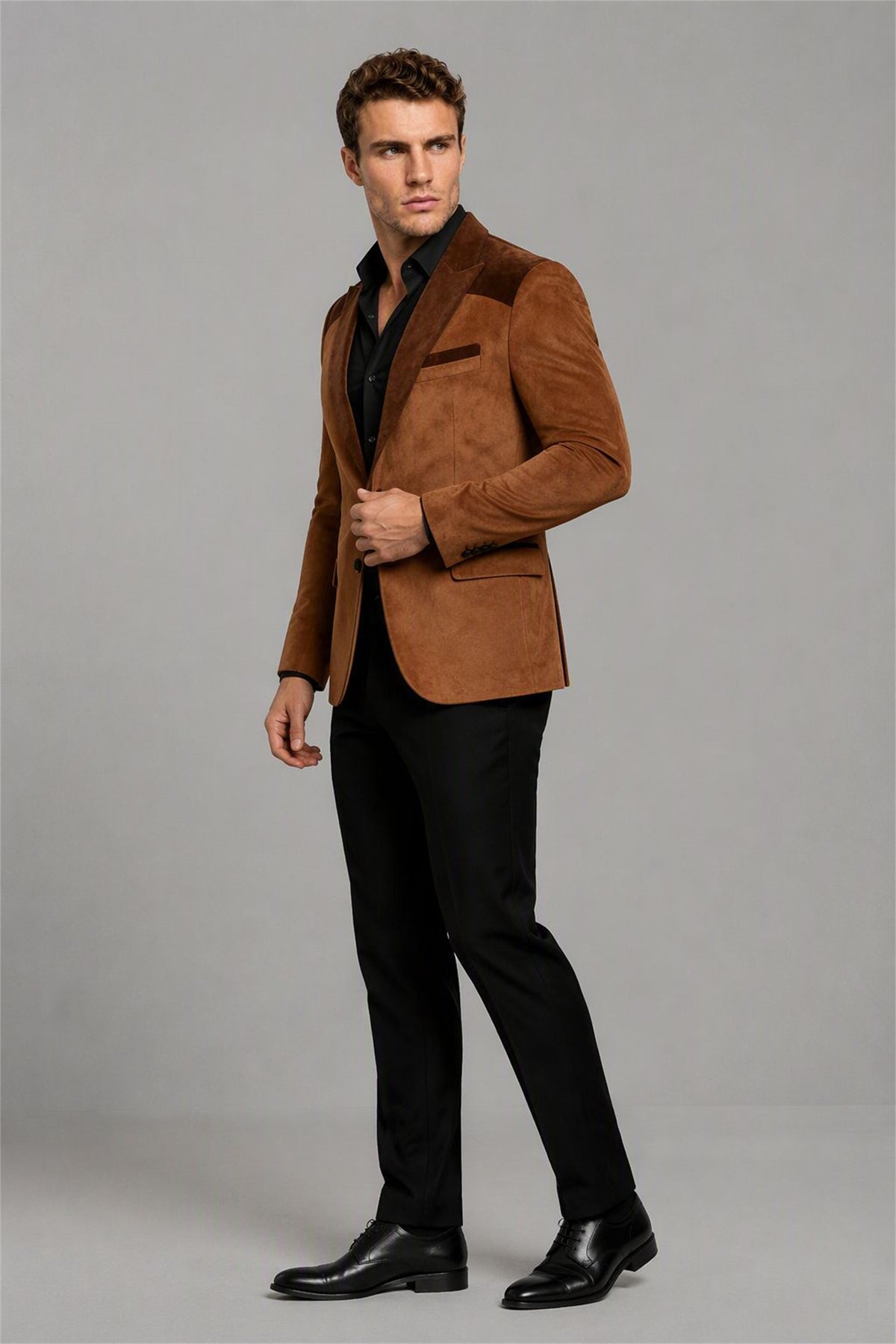 Men's Brown Velvet Contrast Blazer - Three-Quarter View | Savile AA0001