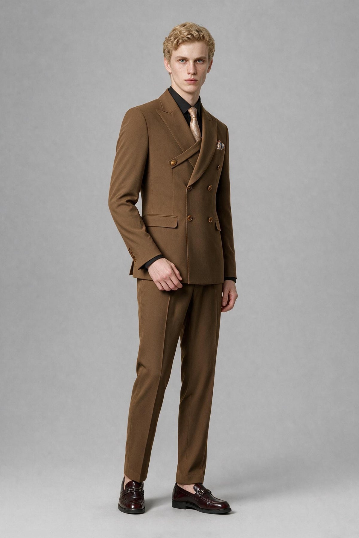 Angled view of Savile brown two-piece formal suit
