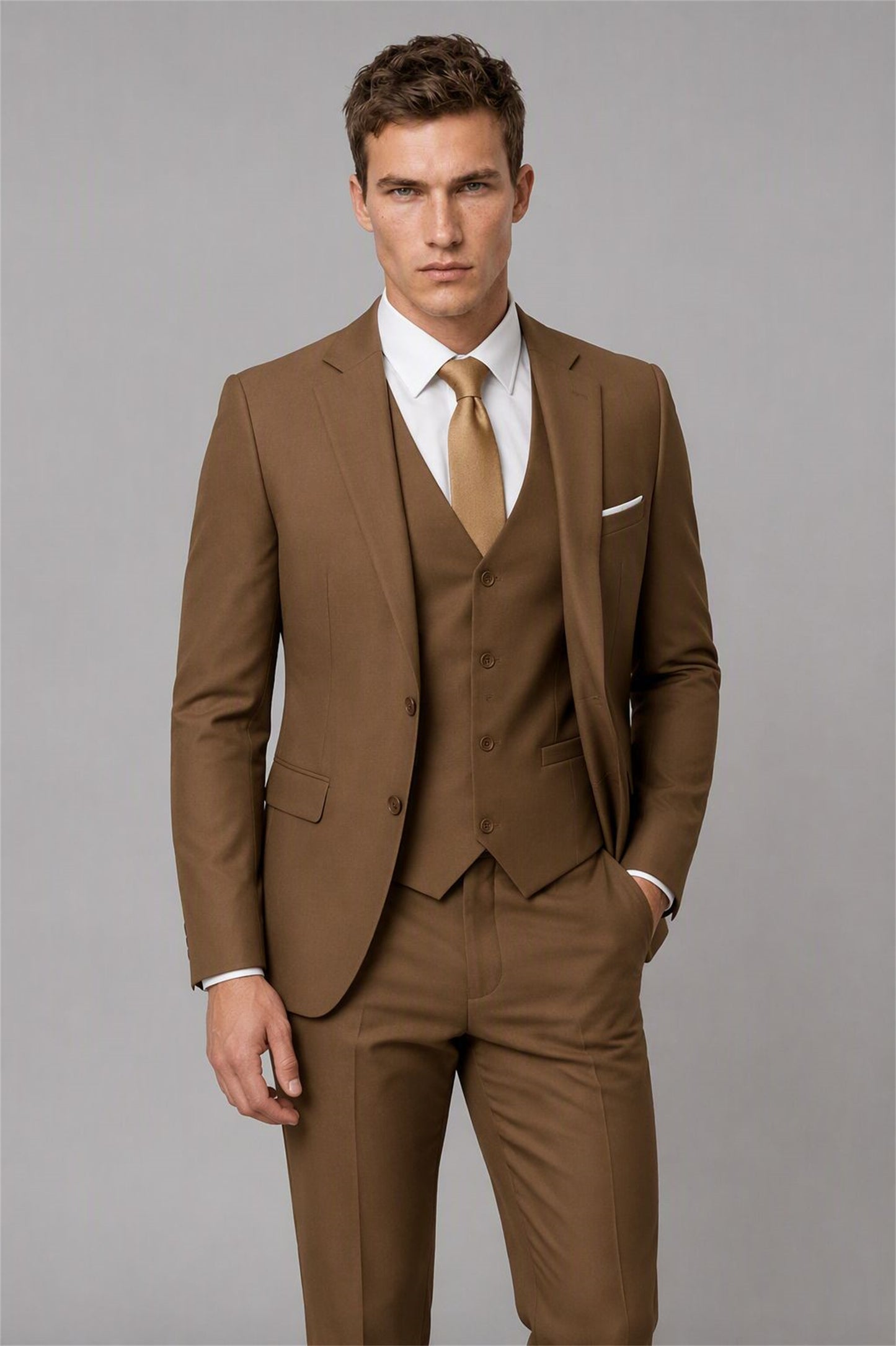 Men's Brown 3-Piece Slim Fit Suit - Three-Quarter View | Savile AA0002