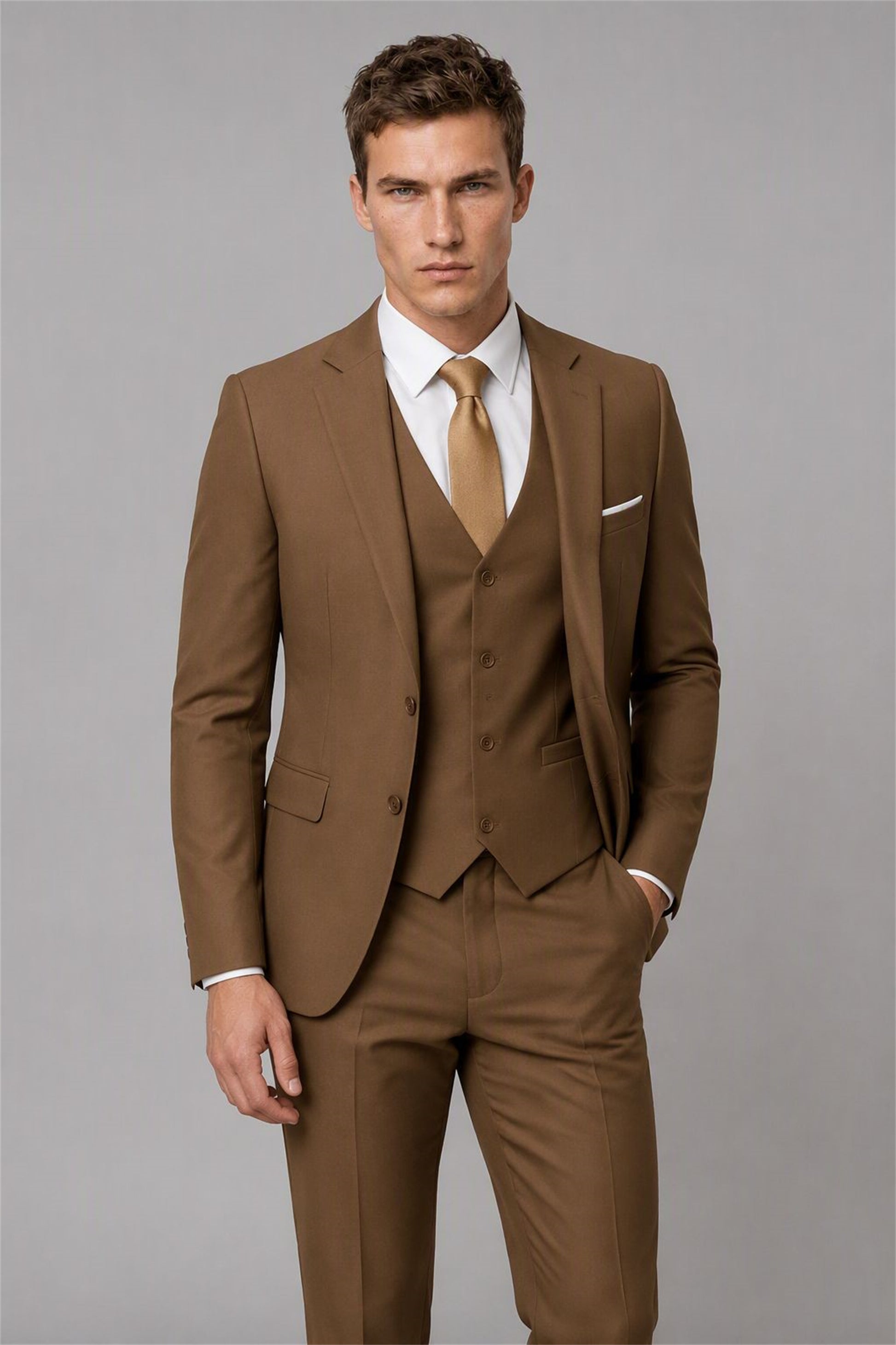 Men's Brown 3-Piece Slim Fit Suit - Three-Quarter View | Savile AA0002